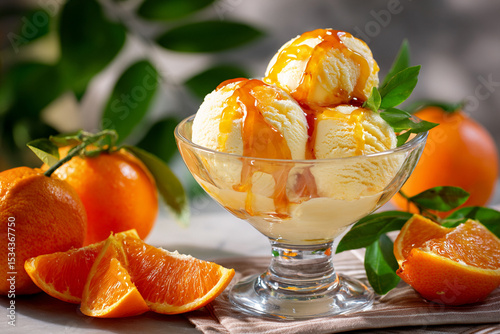 Delicious ice cream with caramel drizzle and fresh oranges in a vibrant setting