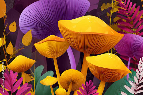 Colorful mushrooms and vibrant foliage create a whimsical forest atmosphere in autumn