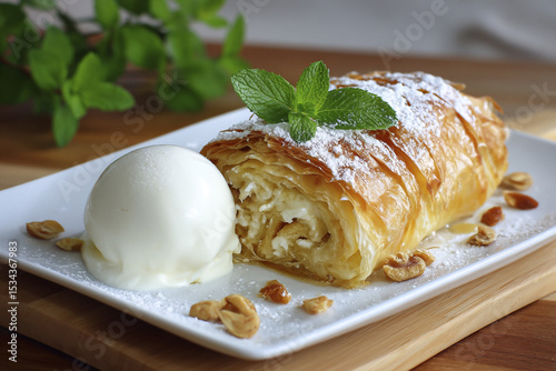 Delicious pastry dessert with ice cream served on a white plate