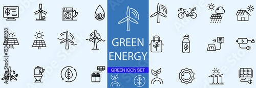 Green city icons set. Contains such icons as environmental, green energy, zero waste, use bike, bio filter, sustainable development, autonomous building, air a quality line icon set