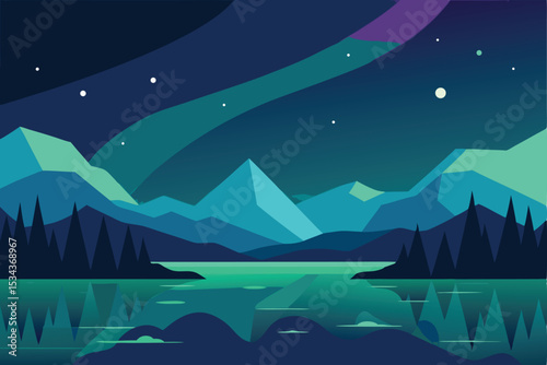 night landscape with mountains and lake