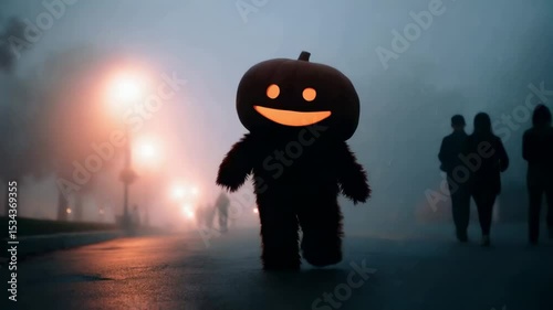 Unique pumpkin character with a smile in a foggy urban setting during Halloween night