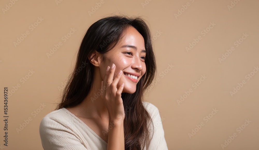 Close up of smiling young woman with clear skin touching her face, showcasing healthy and radiant skin, in natural and relaxed pose against neutral background Close up of smiling young woman with clear skin touching her face, showcasing healthy and radiant skin, in natural and relaxed pose against neutral background