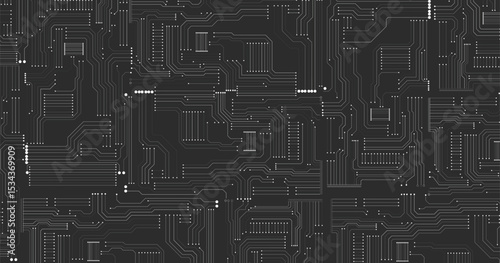 Circuit board texture background, seamless pattern. White lines and dots on black background. Vector illustration.