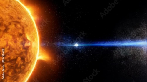 Fiery star with coronal mass ejections in outer space against backdrop of stars, generating heat and light