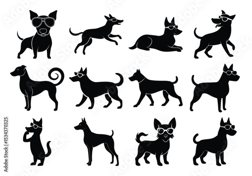 Stylish Dogs in Sunglasses: Vector Silhouette Collection on white background 