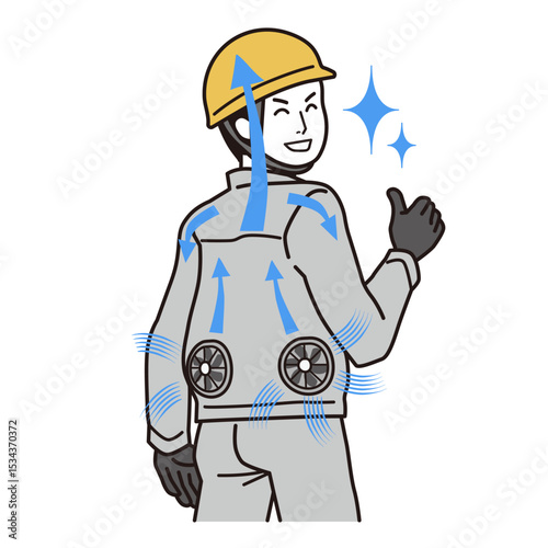 風が流れて快適なファン付き作業服を着た、笑顔の男性　シンプルなイラスト