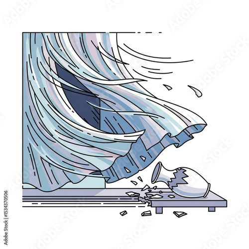 Strong wind blowing curtain and breaking vase, symbolizing draft or storm.