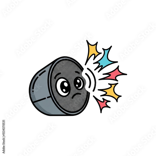 Broken speaker making distorted sound, symbolizing malfunction.