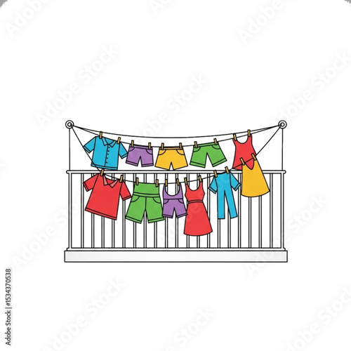 Clothes drying on balcony, representing housework or sunny weather.