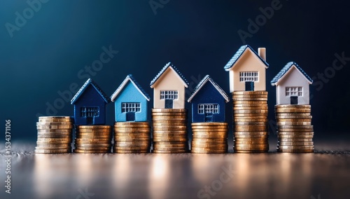 Miniature houses atop stacks of coins, suggesting real estate investment