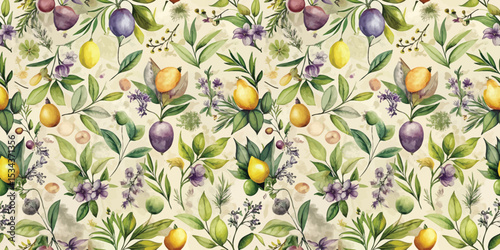 Vibrant botanical illustration featuring lemons and plums on a soft background.