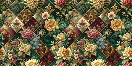 Vibrant floral pattern with rich colors and detailed designs in a patchwork style.
