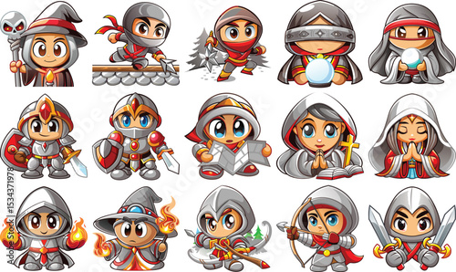 Cartoon Characters Displaying Various Costumes and Themes, Including Wizards, Ninjas, and Knights in Detailed Graphics