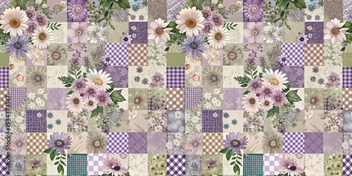 Colorful patchwork quilt featuring floral patterns in soft pastel tones.