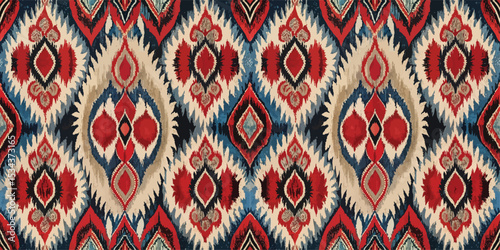 Vibrant textile pattern with intricate red, blue, and cream designs.