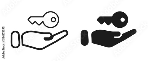 Hand holding a key icon, Key in hand, key from the house line and flat icons set, editable stroke isolated on white, linear vector outline illustration, symbol logo design style