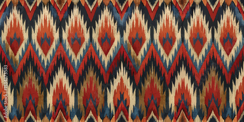 Vibrant ethnic pattern with bold colors creating a striking visual impact.