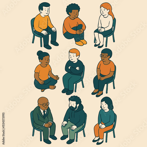 A collection of flat vector illustrations showing individuals seated