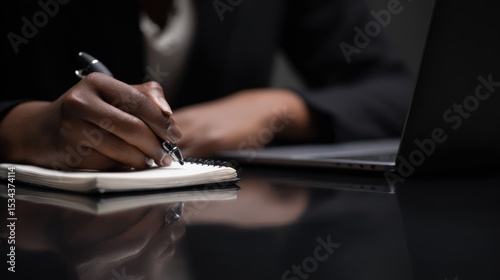 Dark-skinned hand writing with pen in open spiral-bound notebook on glossy reflective surface, laptop in blurred background, study or work environment, dark and moody tone, 