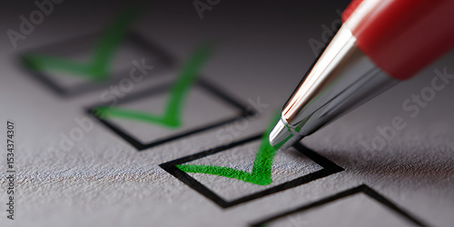 Checklist Completion: A close-up view of a pen marking a checklist, showcasing the meticulous process of ticking off each task with meticulous precision. Emphasizing completion, goals, and efficiency.
