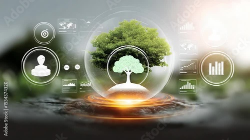 Innovative concept of sustainable development with tree representing environmental protection and digital technology