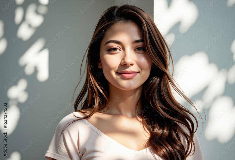 Fototapeta premium Asian woman with long brown hair and soft lighting, portrait for marketing or advertising, overlay effect, for website or social media banner