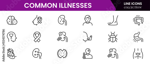 Common Illnesses line icons set. Common Illnesses outline icons with editable stroke collection. These Includes Breast Cancer, Depression, Brain Tumor, Allergy, Diabetes, and More.