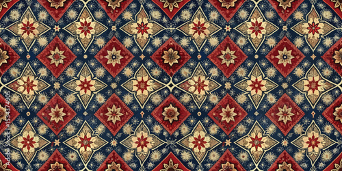 Intricate floral pattern in rich red, navy blue, and cream tones.