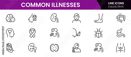 Common Illnesses line icons set. Common Illnesses outline icons with editable stroke collection. These Includes Breast Cancer, Depression, Brain Tumor, Allergy, Diabetes, and More.