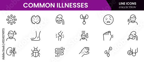 Common Illnesses line icons set. Common Illnesses outline icons with editable stroke collection. These Includes Breast Cancer, Depression, Brain Tumor, Allergy, Diabetes, and More.