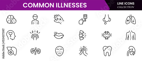 Common Illnesses line icons set. Common Illnesses outline icons with editable stroke collection. These Includes Breast Cancer, Depression, Brain Tumor, Allergy, Diabetes, and More.