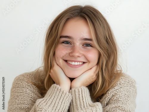 Charming young woman in beige sweater smiles sweetly resting her face on hands