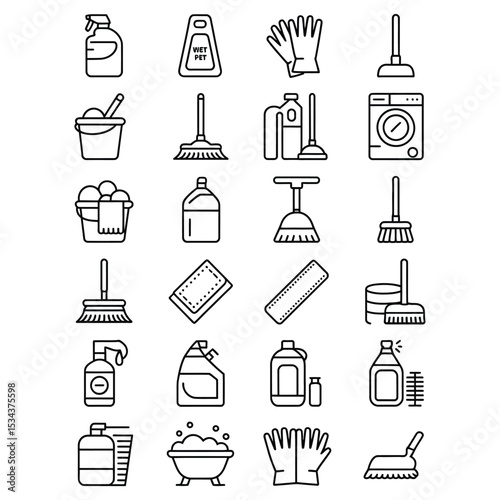 a minimalist line art set of 24 cleaning supply icons featuring essential household tools and equipment in neat grid layout