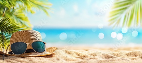 Beach Scene with Straw Hat and Sunglasses