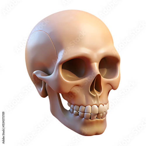 Realistic anatomical human skull with detailed rendering and a transparent black background