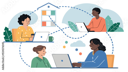 Bright Palette Vector Illustration of Connected Work Teams  