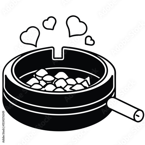 minimalistic black silhouette line-art illustration of an ashtray filled with several cigarette butts