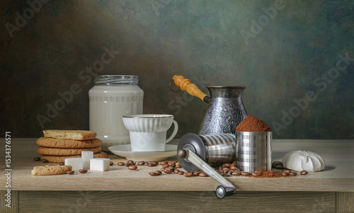 still life with objects for making coffee.