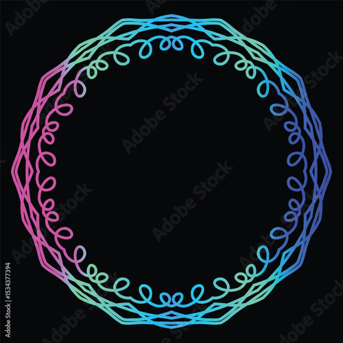 Bright Gradient Colored Mandala Abstract Lace Art.  Neon Frame Border Isolated on background, Retro Birthday Party Greeting card Invitation Design Element Symbol. 