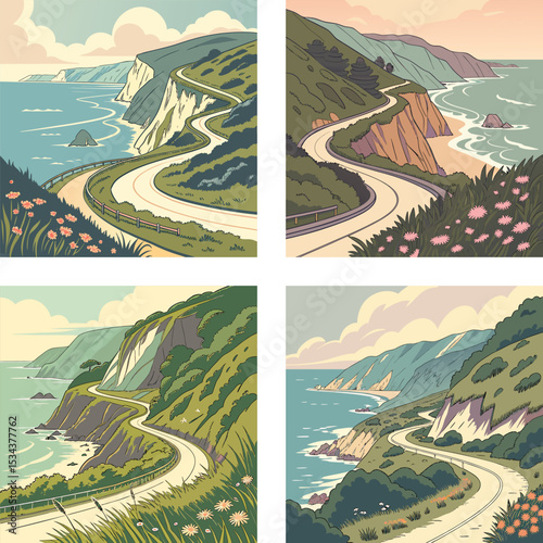 A beautiful coastal road with cliffs and ocean views.