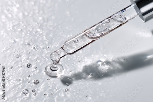 Dropper dispensing clear liquid onto a reflective surface creating small droplets around the point of contact in an abstract composition