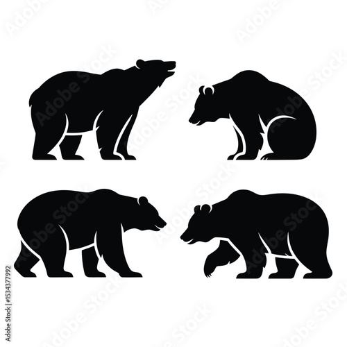 a two-by-two grid of solid black bear silhouettes showcasing distinct poses in profile and front view