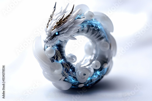 Abstract art of a white dragon circlet interwoven with circuit patterns and glowing blue accents on a light backdrop