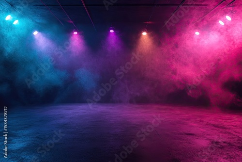 Empty stage lit with vibrant colored spotlights and smoky haze
