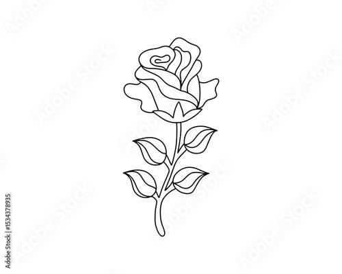 Black and white outline of rose flower with detailed petals and stem. Minimalist floral drawing perfect for coloring pages or design. Vector illustration.