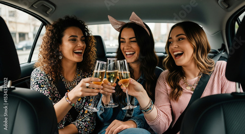 Three sexy women in the back seat of a car happily celebrating a bachelorette party or birthday with glasses of champagne in their hands, after party