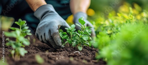 Gardening hands planting small green shrubs