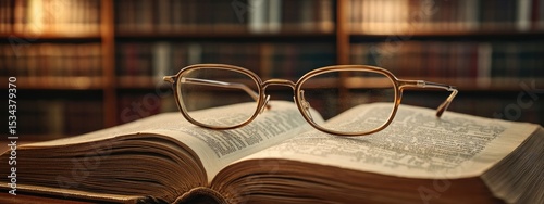 Open book with eyeglasses on top, in a library setting