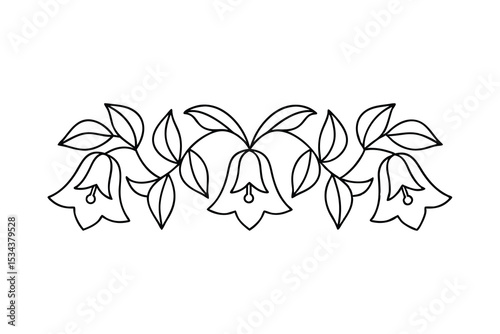 Elegant linear floral border design with bell shaped flowers and leaves on white background